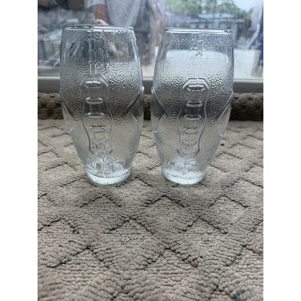 Set/2 FOOTBALL Shaped Clear Glass Drinking Glasses Beer Soda, Etc Or  To Display